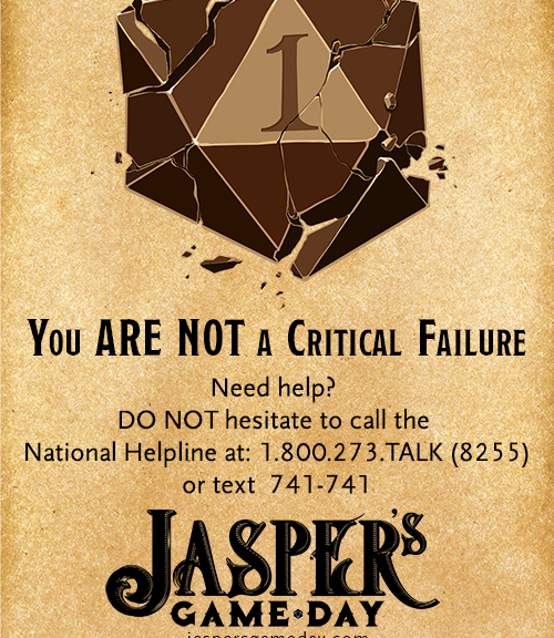 Jasper's Game Day information and Suicide Hotline Number.